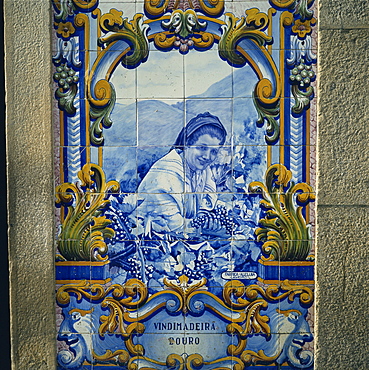 Blue azulejos tiles of the port vineyards in the railway station at Pinhao in the Douro Valley, Portugal, Europe