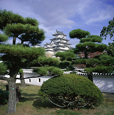 Trees in front of Himeji-jo (Himeji Castle), dating from 1580 and known as Shirasagi (White Egret), UNESCO World Heritage Site, Himeji, Kansai, Japan, Asia