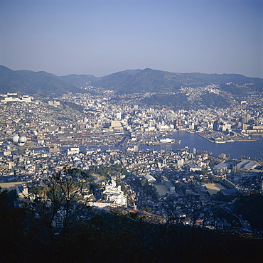 Aerial view over Nagasaki harbour, from Mount Inasa-yama, a lookout 332m above, Nagasaki, island of Kyushu, Japan, Asia