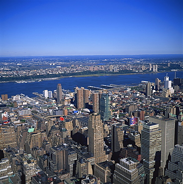 Low aerial view taken from the 86th floor observatory of the Empire State Building over Manhattan to the Hudson River and New Jersey, in New York, United States of America, North America