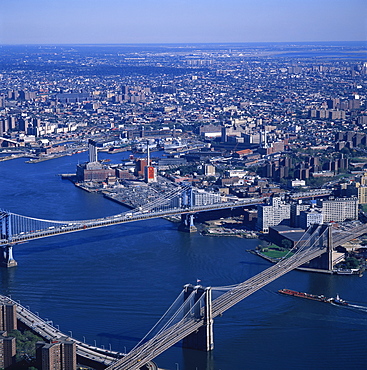 Aerial view taken before 2001, over Brooklyn Bridge, nearest, and Manhattan Bridge, from the 110th floor observatory of the World Trade Centre, Manhattan, New York City, United States of America, North America