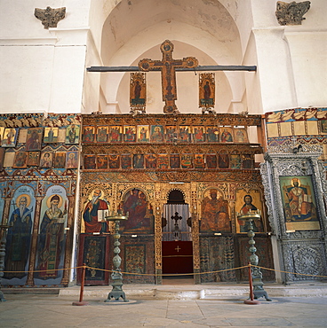 Iconostasis with goldwork and paintings in former monastery of Apostolos Varnavas, St. Barnabas, in North Cyprus, Europe