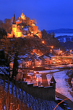 Od town with castle in winter, Saarburg, Saar Valley, Rhineland-Palatinate, Germany, Europe