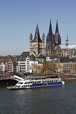 Church of Great Saint Martin and Cathedral, seen across the River Rhine, Cologne, North Rhine Westphalia, Germany, Europe