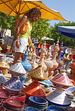 Pottery products on market at Houmt Souk, Island Jerba, Tunisia, Africa