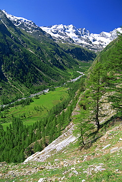 The Valnontey Valley at Cogne, with snow covered mountains beyond, in the Gran Paradiso National Park, in the Valle d'Aosta, Italy, Europe