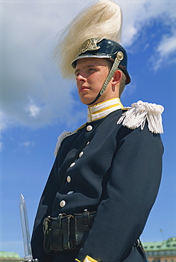 Portrait of a Royal Guard at the Royal Palace in Stockholm, Sweden, Scandinavia, Europe