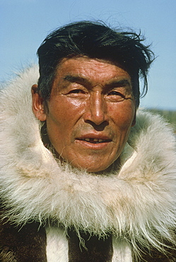 Portrait of Eskimo man wearing caribou skin, Spence Bay, Boothia Peninsula, Northwest Territories, Canada, North America