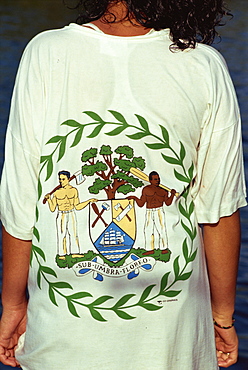 National flag on girl's T-shirt, Orange Walk, Belize, Central America