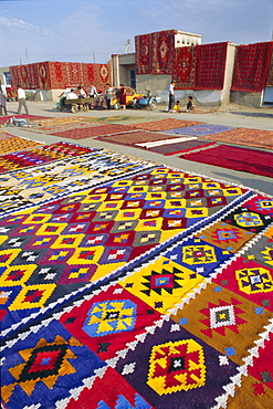 Carpet market, old city walls, Bukhara, Uzbekistan, Central Asia