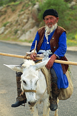 Portrait of an old Uzbek farmer on a donkey, Shakhrisabz near Samarkand, Uzbekistan, Central Asia, Asia