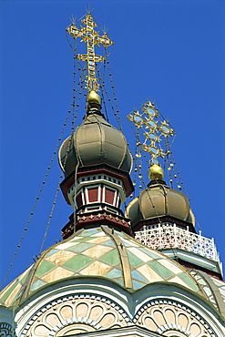 Close-up of domes and crosses on top of the Zenkov Cathedral, built of wood but no nails in 1904, at Almaty, Kazakhstan, Central Asia, Asia