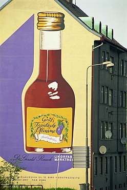 Liqueur advertisement on side of building, Most, North Bohemia, Czech Republic, Europe