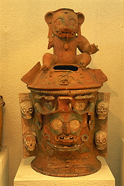 Close-up of a Mayan funerary urn in the Popol Vuh Museum in Guatemala City, Guatemala, Central America