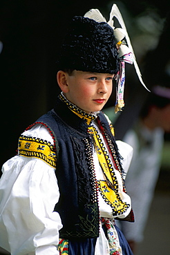 Boy waiting to sing, Straznice folk festival, South Moravia, Czech Republic, Europe