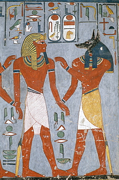 Tomb painting of the pharaoh Ramses I with the god Anubis, Valley of the Kings, UNESCO World Heritage Site, West Bank, Luxor, Thebes, Egypt, North Africa, Africa