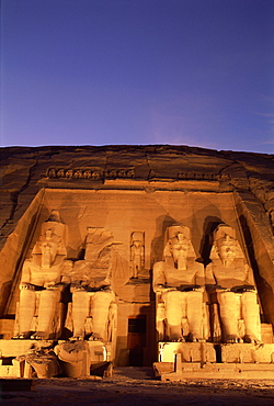 Floodlit temple facade and colossi of Ramses II (Ramesses the Great), Abu Simbel, UNESCO World Heritage Site, Nubia, Egypt, North Africa, Africa