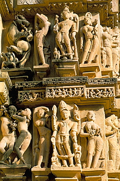 Erotic sculpture, temple detail, Khajuraho, UNESCO World Heritage Site, India, Asia