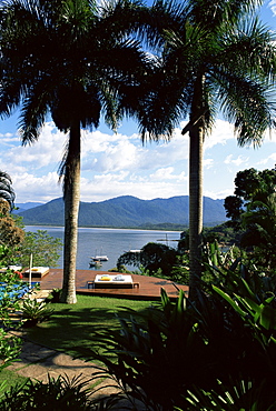 Sundeck and view across the bay, Pousada Picinguaba, Costa Verde, south of Rio, Brazil, South America