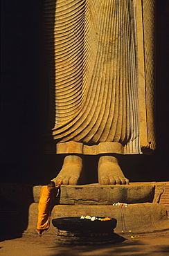 Young monk offers flowers, Aukana Buddha, 39 ft high, Sri Lanka, Asia