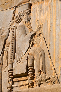 Carved relief of Darius the Great, builder of Persepolis, UNESCO World Heritage Site, Iran, Middle East