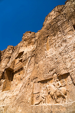 Tomb of Ataxerxes I and carved relief below, Naqsh-e Rostam Necropolis, near Persepolis, Iran, Middle East