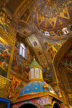 Interior of dome of Vank (Armenian) Cathedral with Archbishop's throne in foreground, Isfahan, Iran, Middle East