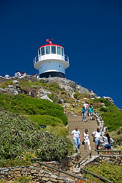 Tourist climbing up and down steps to visit the lighthouse at Cape Point, Cape Town, South Africa, africa