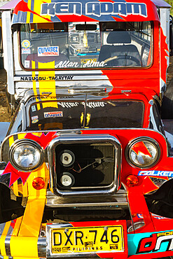 Kitsch art front of a jeepney, most popular means of public transport in the Philippines, Tagaytay, Luzon island, Philippines, Southeast Asia, Asia