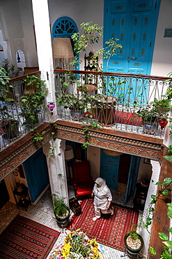 Interior gallery of traditional Moroccan house (riad), Chefchaouen (the Blue City), set in the Rif Mountains, Morocco, North Africa, Africa