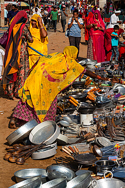 Rajasthani women in brightly coloured traditional clothing shopping for kitchen utensils, Pushkar Fair, Pushkar, Rajasthan, India, Asia