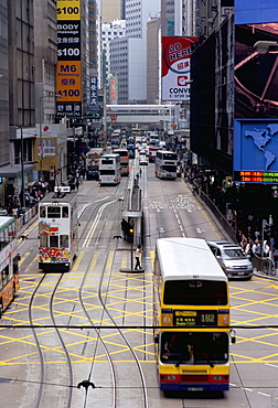 Trams, Des Voeux Road, Central, Hong Kong Island, Hong Kong, China, Asia