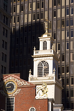 The Old State House, 1713, now surrounded by modern towers in the Financial District, Boston, Massachusetts, USA