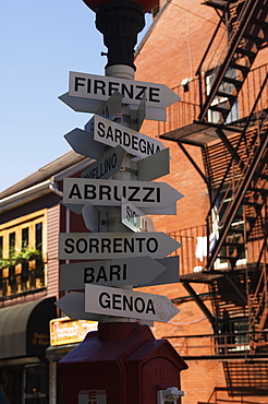 Signpost to Italian cities, North End, 'Little Italy', Boston, Massachusetts, USA