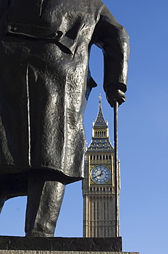 Big Ben through statue of Sir Winston Churchill, Westminster, London, England, United Kingdom, Europe