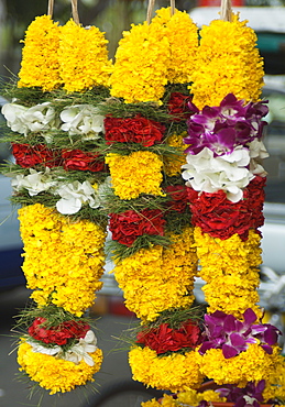Flower stall selling garlands for temple offerings, Little India, Singapore, South East Asia