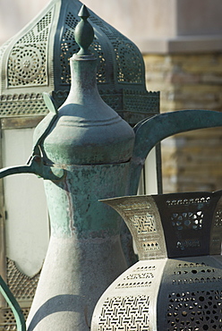 Old Arabian coffee pot and jars, Dubai, United Arab Emirates, Middle East