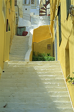 Staircases between houses, Yialos, Symi (Simi), Dodecanese Islands, Greek Islands, Greece, Europe