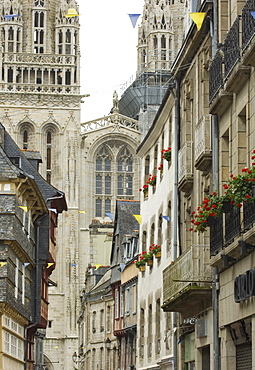 St. Corentin Cathedral and Rue Kereon, Quimper, Finistere, Brittany, Europe