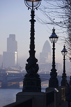 Early morning view of the City of London from the South Bank, London, England, United Kingdom, Europe