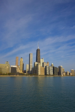 John Hancock Center and Near North Chicago skyline from Lake Michigan, Chicago, Illinois, United States of America, North America