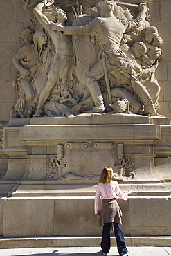 Bas relief sculpture depicting the city's early history, Michigan Avenue Bridge, Chicago, Illinois, United States of America, North America