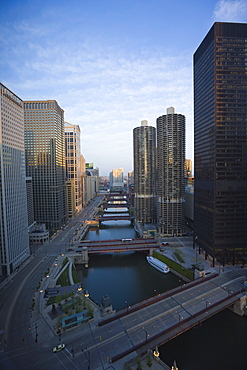 Skyscrapers along the Chicago River and West Wacker Drive, Chicago, Illinois, United States of America, North America