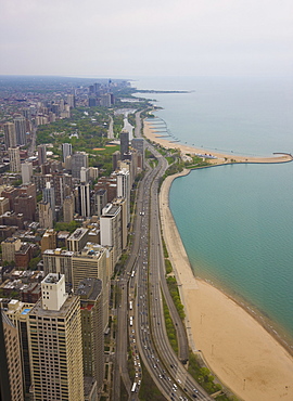 Aerial view looking north up Lakeshore Drive to the Gold Coast district, Chicago, Illinois United States of America, North America