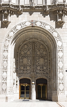 Ornate Gothic style entrance to the Tribune Tower, Chicago, Illinois, United States of America, North America