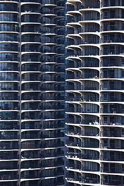 Close-up of Marina City's twin towers, Chicago, Illinois, United States of America, North America