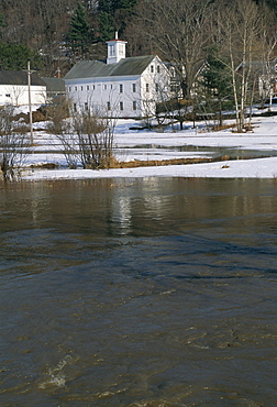 Melting snow results in water rising and threat of floods, Stowe, Vermont, New England, United States of America, North America