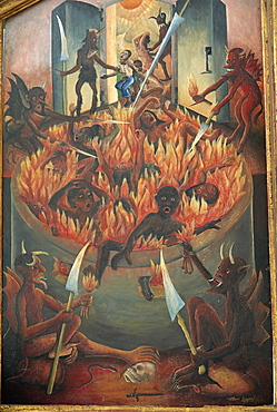 Vision of hell, tryptych panel painted by Wilson Bigaud in 1957, Port au Prince, Haiti, West Indies, Central America