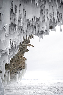 Icicles formed on the roof of caves at Olkhon Island as the waves enter the cave and freeze at the beginning of winter, Lake Baikal, Irkutsk Oblast, Siberia, Russia, Eurasia