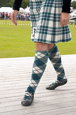 Male dancer's kilt and pumps, Abernethy Highland Games, Scotland, United Kingdom, Europe